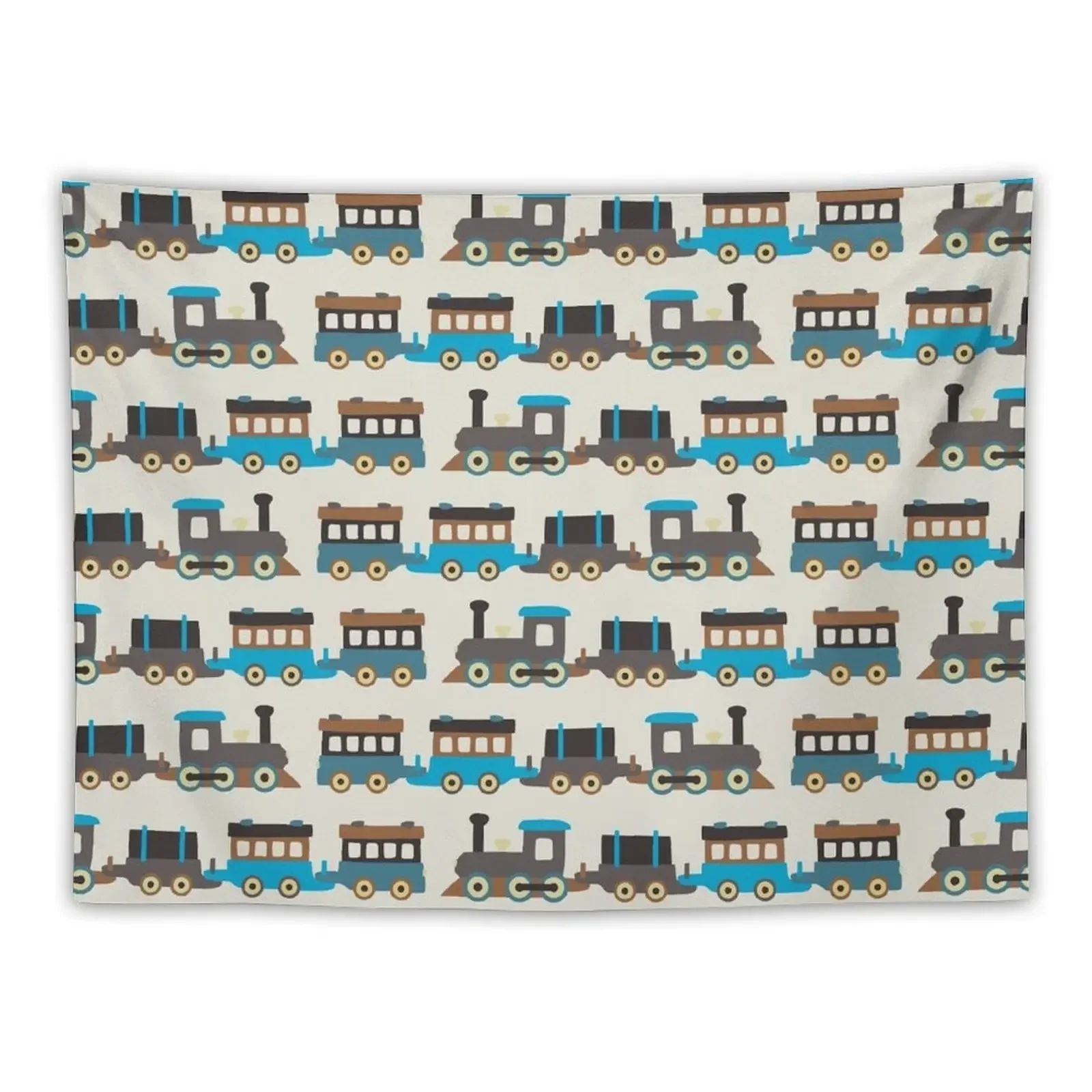 Сине-коричневый деревянный гобелен с игрушечным поездом эстетический комнатный