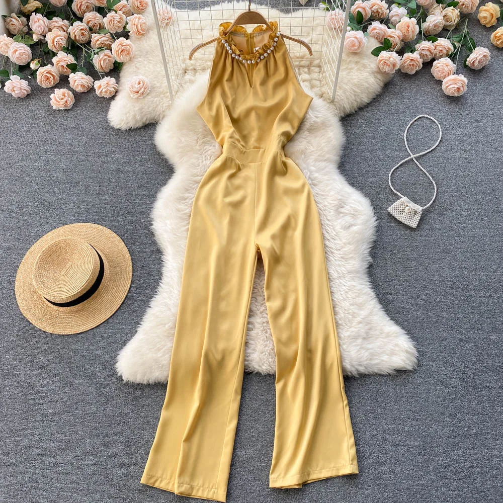 

Цельнокроеные облегающие брюки с вырезом на талии. Летние Джемперы без рукавов с высокой талией; Повседневные прямые широкие брюки