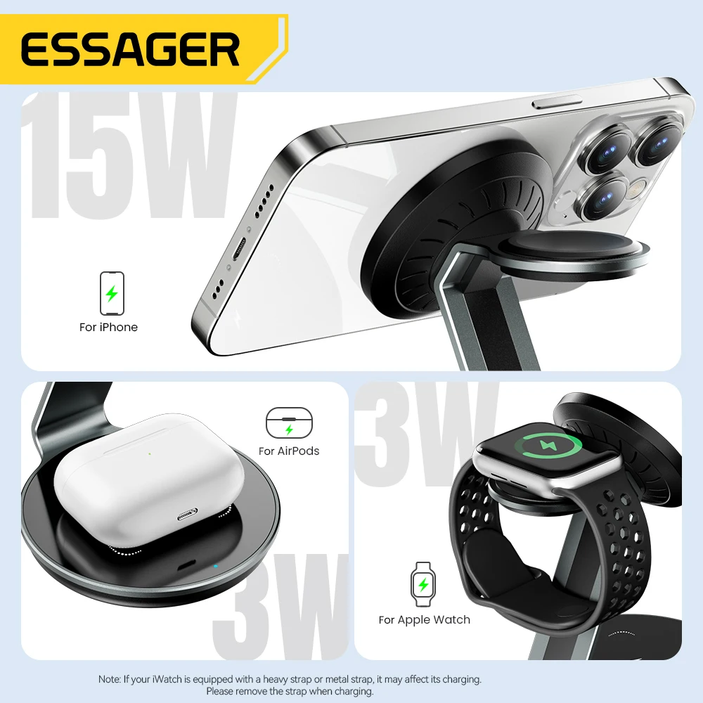 хранительное магнитное беспроводное зарядное устройство Essager 3 в 1 зарядная