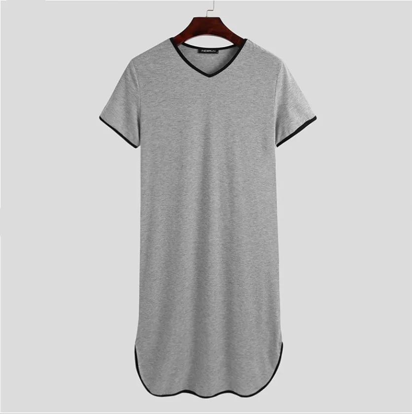 Muslim Men's Pajamas Casual Short Sleeve Solid V-Neck Robes Sleepwear Vintage Nightgowns  Men Homewear Pijamas Hombre Night Gown