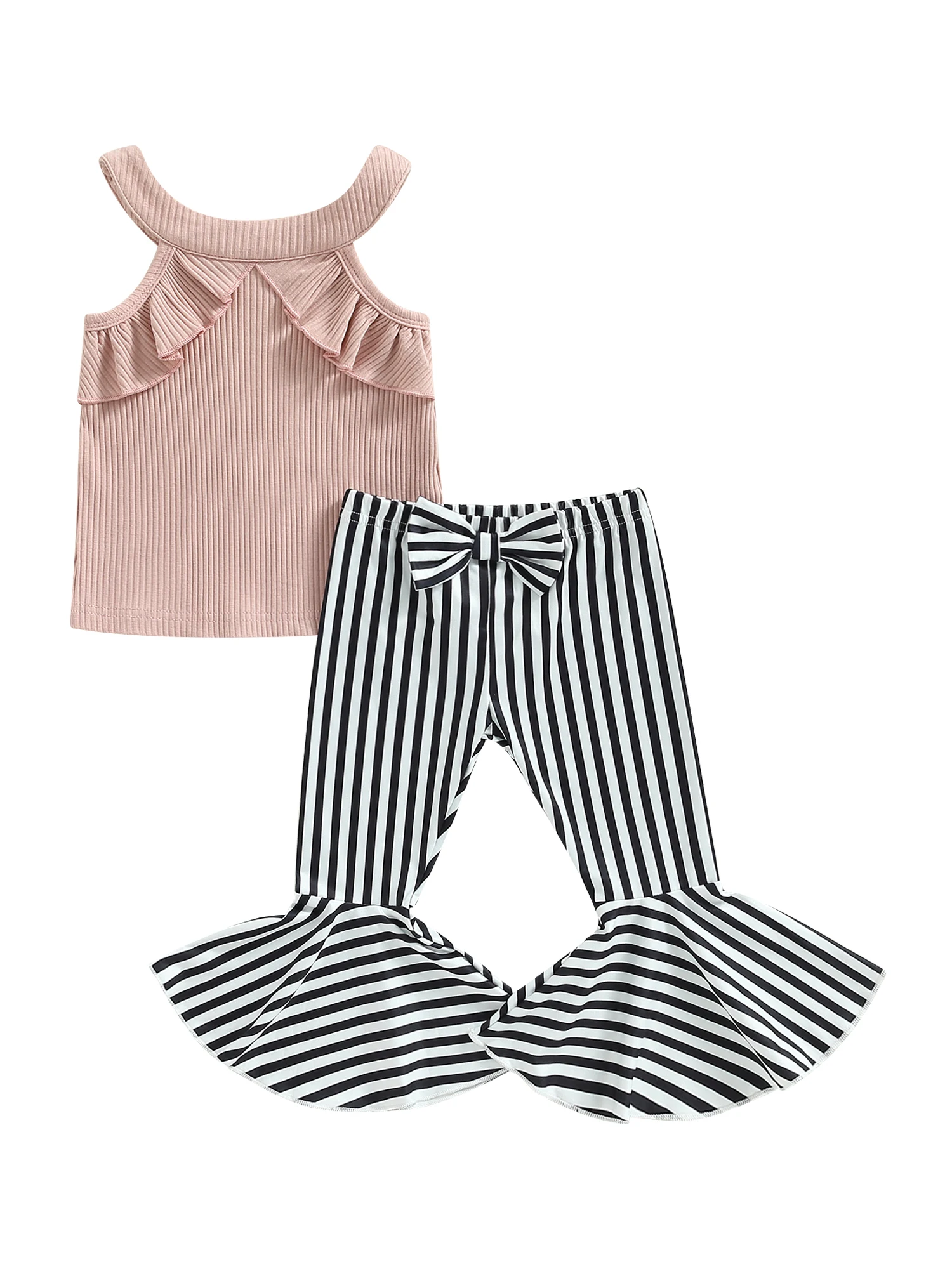 

Нижняя Экипировка с колокольчиком для маленьких девочек, майка без рукавов с лямкой на шее и оборками, ребристая майка, топ, расклешенные бр...