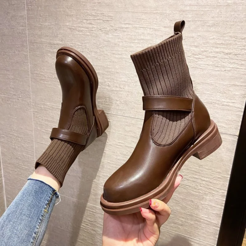 Ankle Boots Woman Slip-On Shoes Woman Fashion Knitted Elastic Round Toe Short Boots Platform Square Heels Leather Boots Women