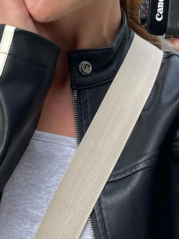 SUCHCUTE Casual PU Zip Up Loose Jackets American Retro Side Stripe Turletneck Faxu Leather Crop Outwear Punk Style Black Coats