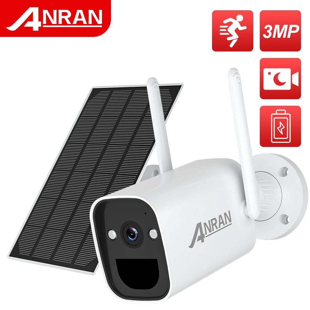 

ANRAN 3MP солнечные панели, камера с аккумулятором, Wi-Fi, безопасность, открытый, IP66, водонепроницаемый, PIR 1296P, видео наблюдение, полноцветное ночн...