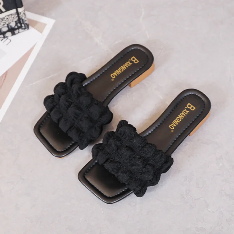 Elegant Women Minimalist Ruched Detail Flat Sandals Fashion Outdoor Polyester Single Band Open Toe Slides Sweet Summer New Shoes