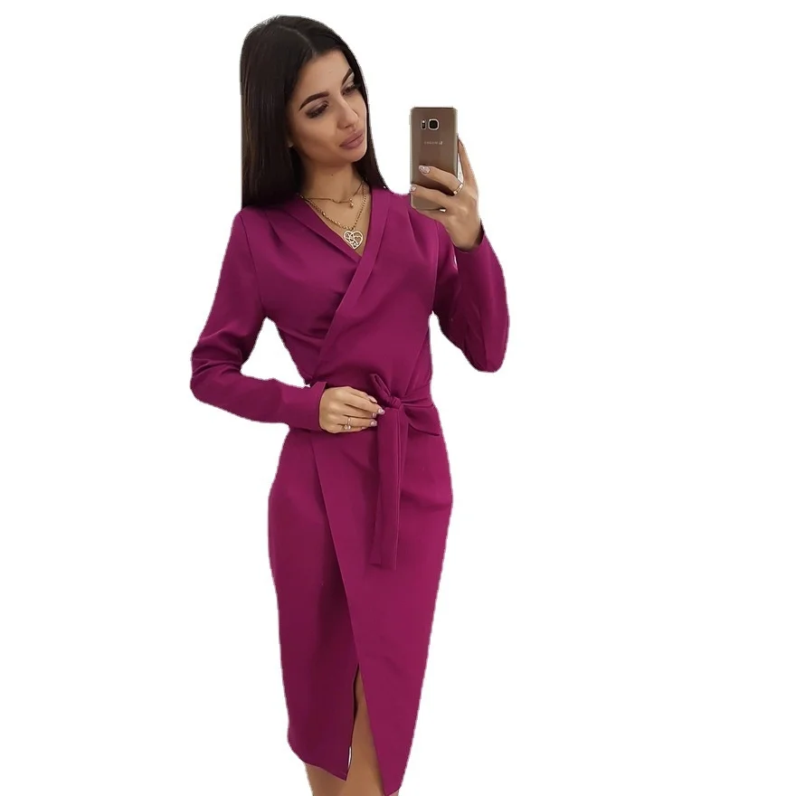 

Женское Повседневное платье средней длины, однотонное платье-Кардиган с длинным рукавом, со шнуровкой