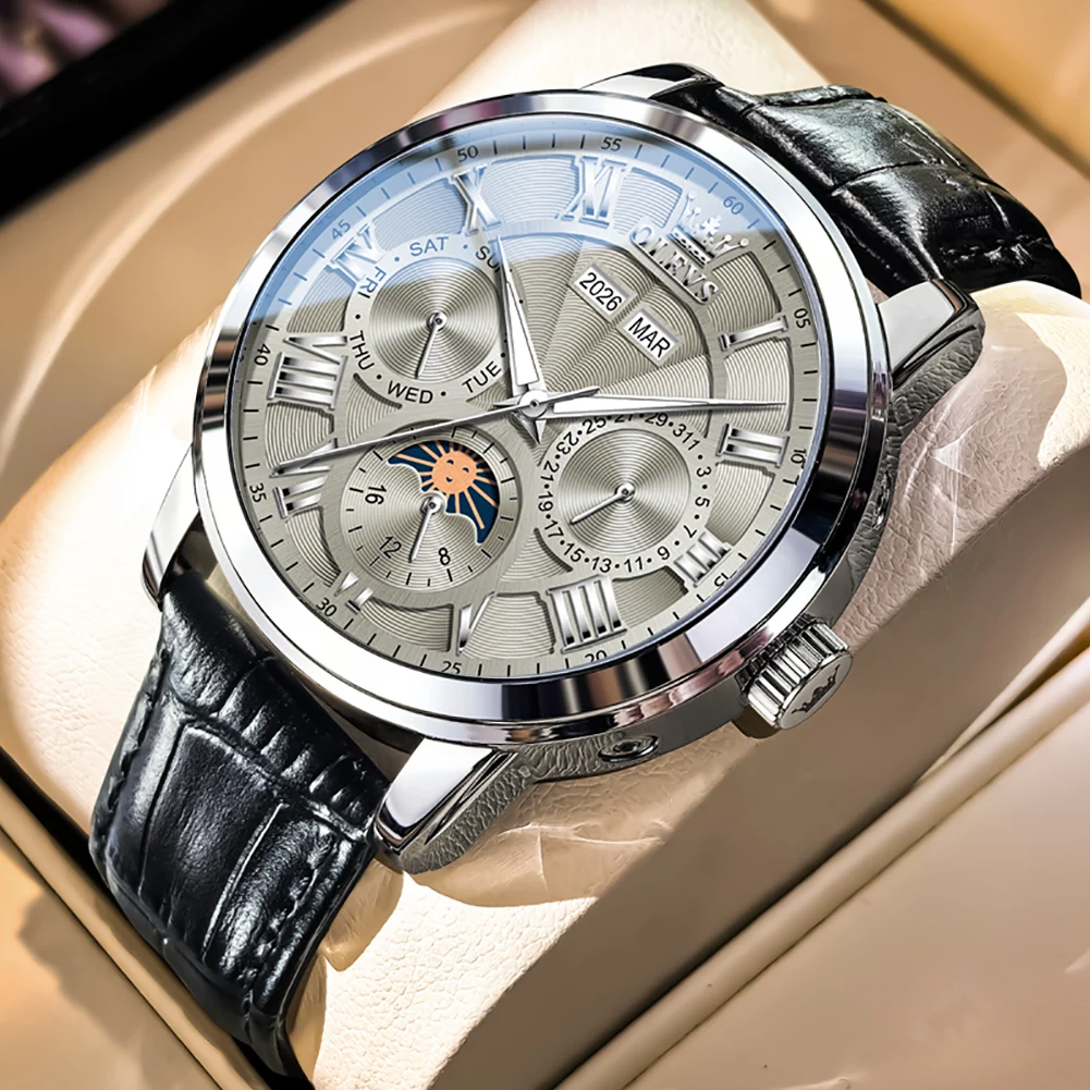 Фото OLEVS Tourbillon Автоматические наручные часы с турбийоном, водонепроницаемые, многофункциональные, механические, мужские, кожаные, Relogio Masculino №2