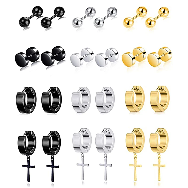 

12 Pairs Of Stainless Steel Hoop Earrings Huggie Earrings Cross Pendant Hinged Earrings Men's Women's Silver Black Gold