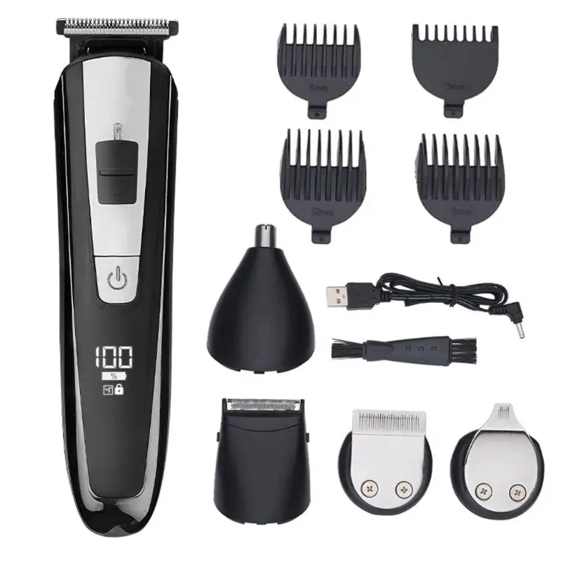 

5 in 1 Electric Hair Clippers for Men Nose Beard Trimmer Cordless USB Rechargeable LCD Display Multifunctional Razor Travel Kit