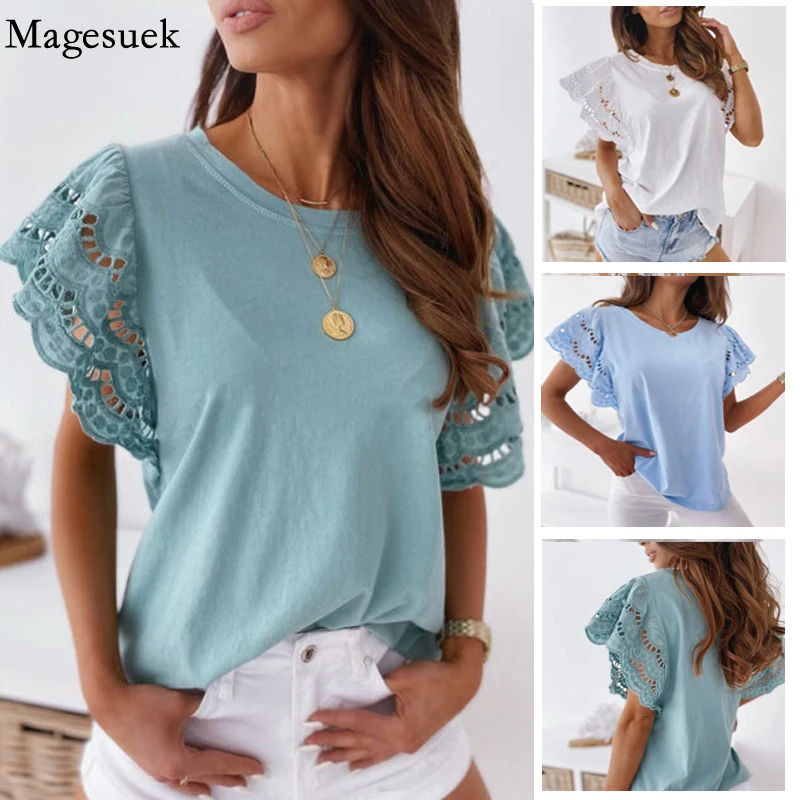 

Summer Lace Sleeve Blouse Women O Neck Short Sleeve Casual Women Tops 2022 Fashion Hollow Out Cotton White Shirts Blusas 19012