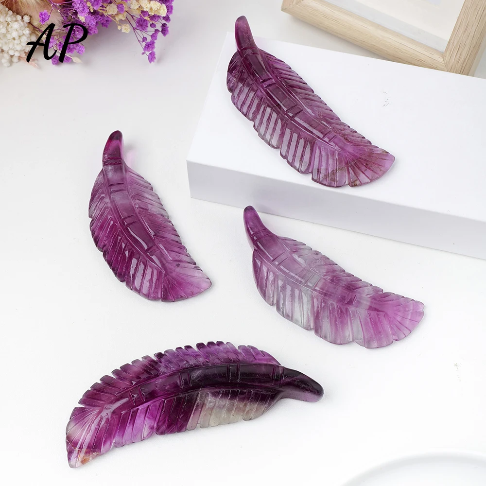 

Natural Gemstone Carved Crystal Fluorite Feather Carving Healing Stone Fluorite Statuette Crystal Crafts Home Decoration