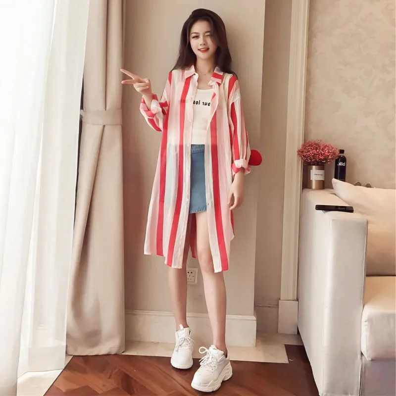 

Striped Kimono Blouse Cardigan Long Sleeve Spring Summer Cardigan Thin Loose Boho Beach Black Red Mid-Long Shirt Women Y233