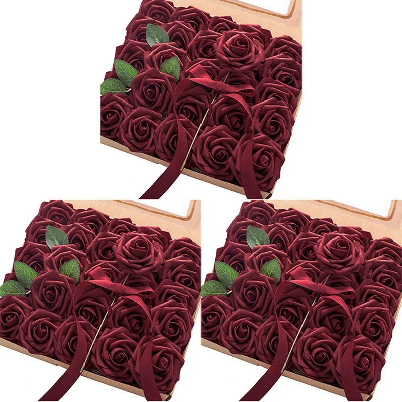 

Artificial Flowers 75Pcs Real Looking Burgundy Fake Roses with Stems for DIY Wedding Bouquets Red Bridal Shower