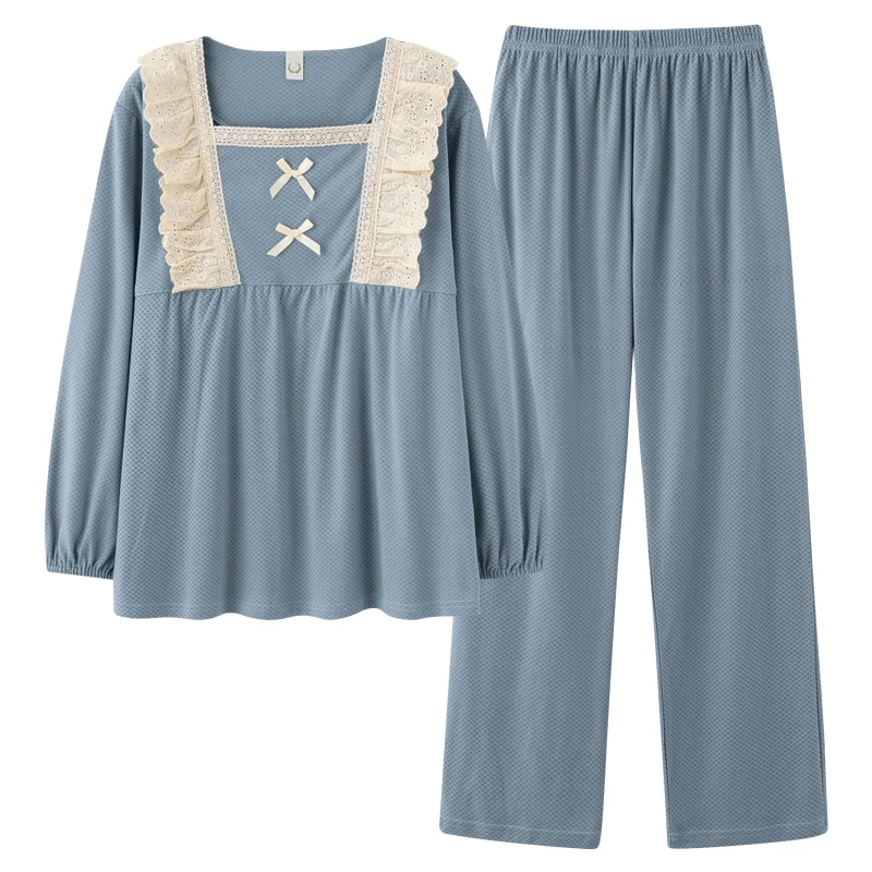 

Милая Кружевная Пижама для молодых женщин, костюм принцессы, весенне-осенний пижамный комплект, ночная рубашка с квадратным вырезом, Повседневная Домашняя одежда, пижамы Mujer