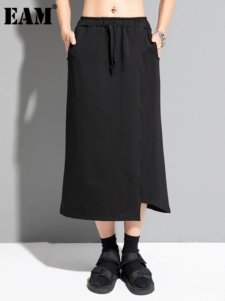 

[EAM] High Elastic Waist Black Irregular Slit Long Casual Half-body Skirt Women Fashion Tide New Spring Autumn 2023 1DF8954