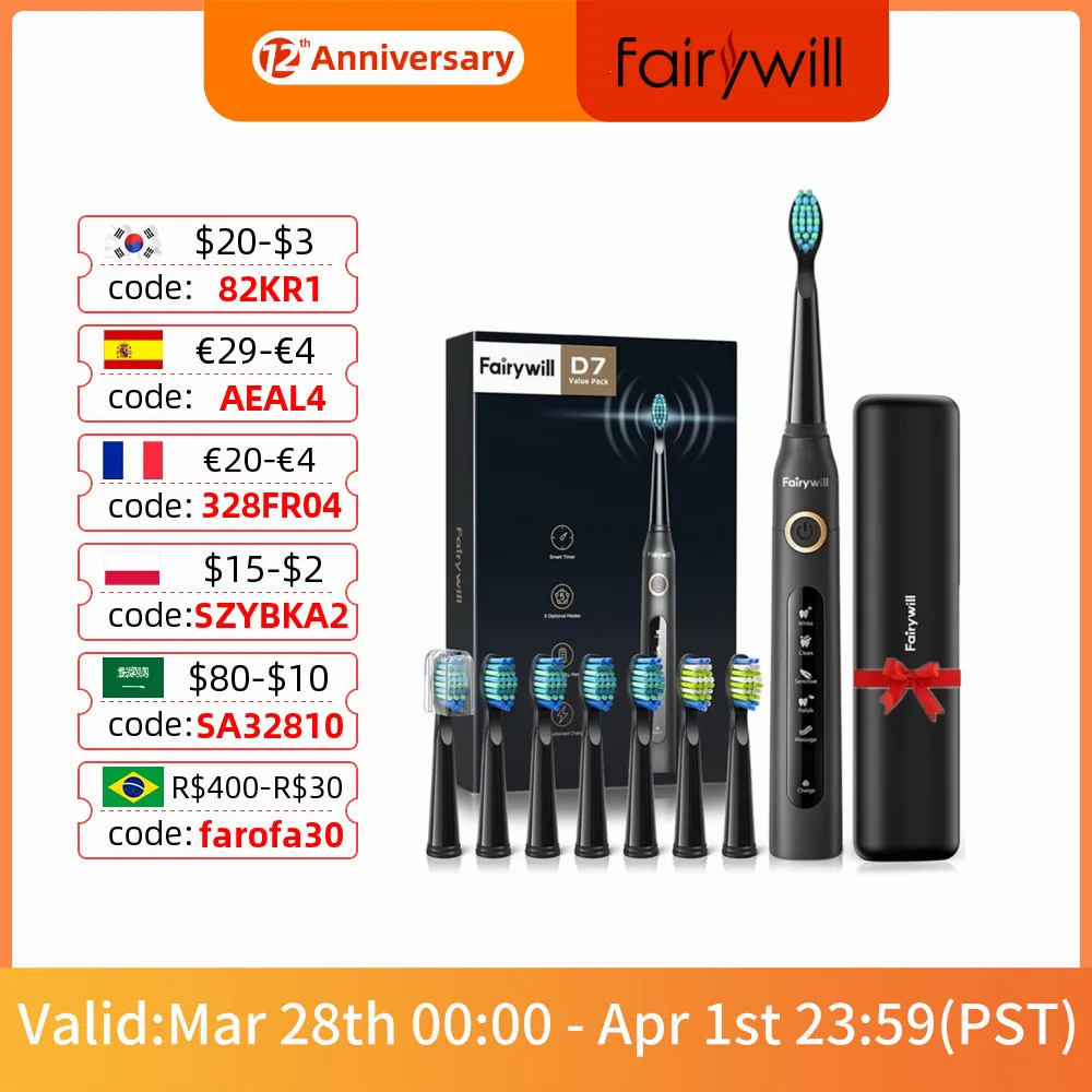 Fairywill-Cepillo de Dientes FW-507 Eléctrico para Adulto, dispositivo resistente al agua, recargable por USB, con 8 cabezales de repuesto