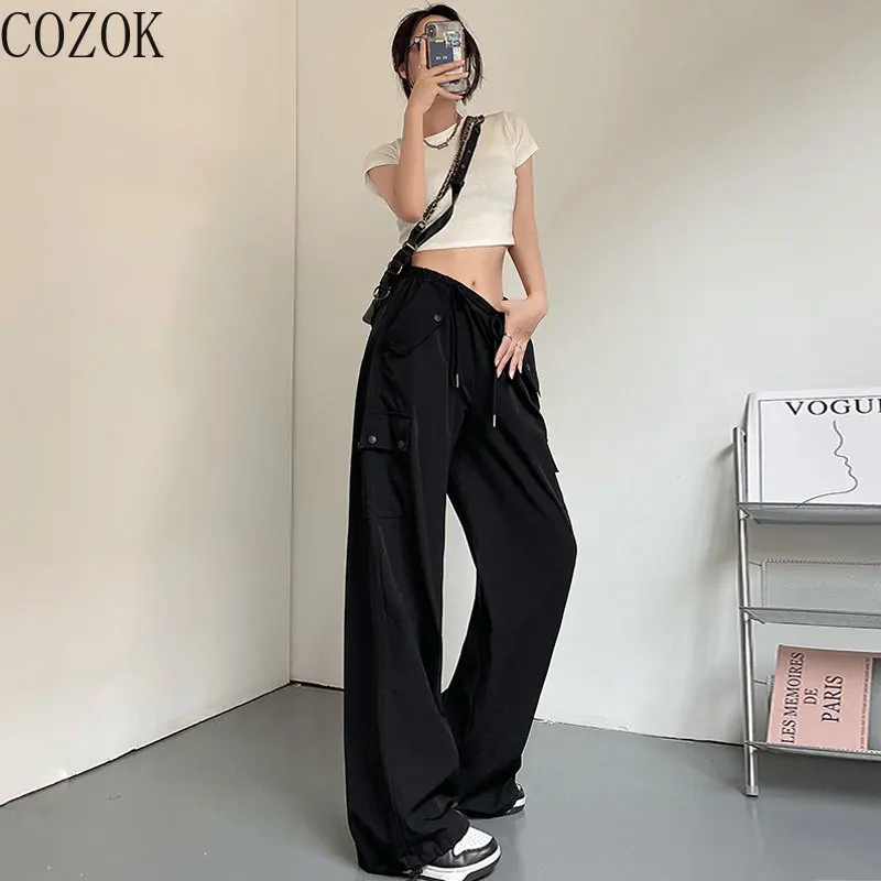 Overalls Women's  High Waist Wide Leg Loose-Fitting Casual Ankle-Banded Black Quick-Drying Track Pants Trendy Cargo Pants Women