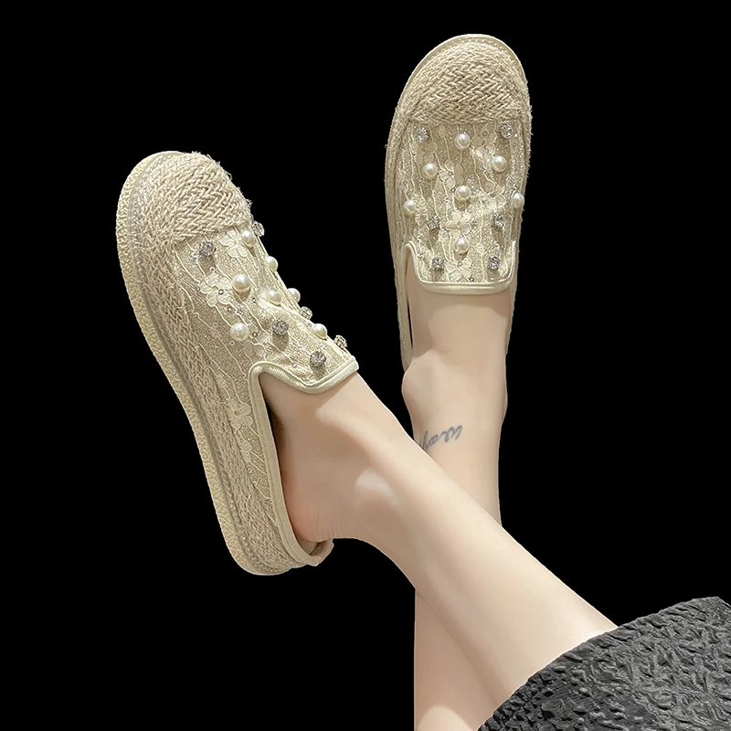 

Шлепанцы женские блестящие, повседневная обувь на платформе, с закрытым носком, со шнуровкой и бусинами, роскошная железная Летняя обувь на ...
