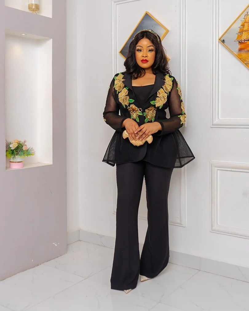 

African Clothes Women Spring Autumn African Women V-neck Green Black White Polyester Three Pieces Sets Top Inner and Long Pant