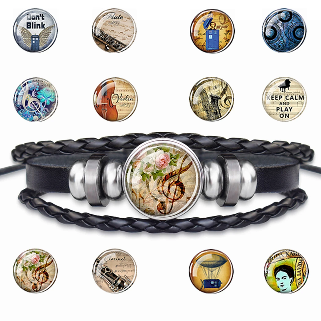 

Браслет в стиле ретро для киносъемки, музыкальный инструмент, черный кожаный плетеный браслет, регулируемый размер, стеклянный купол, подарок