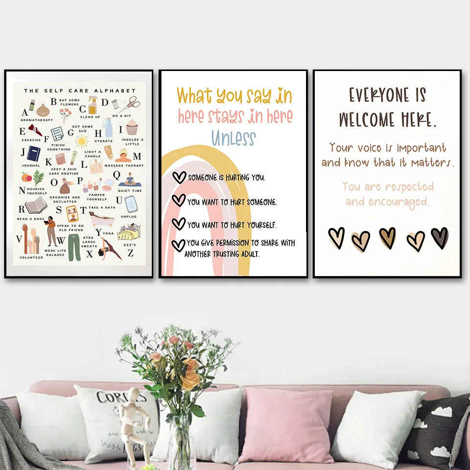 

The Self Care Alphabet Canvas Painting School Psychologist Poster and Print Nordic Wall Art Pictures for Living Room Home Decor