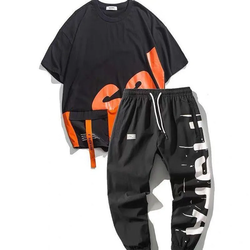 Summer Trendy Brand Couple Ins Hip-hop Tooling Short-sleeved T-shirt Shorts Men's Two-piece Fashionable Casual Sports Suit