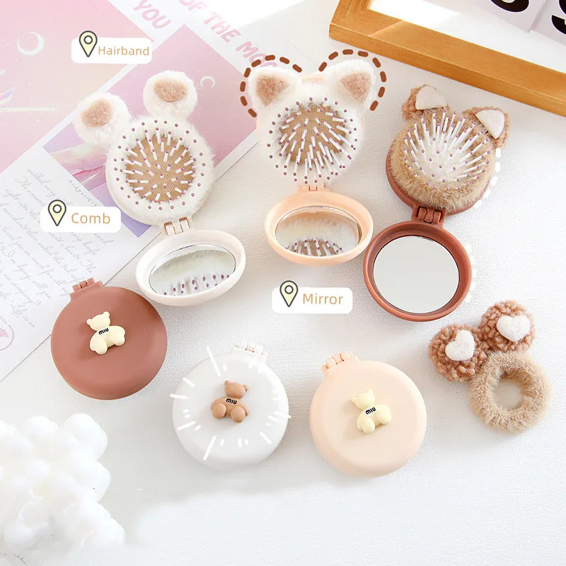 

Cute Kids Hair Brushes Mini Lovely Cartoon Bear Hair Combs with Mirror for Children Girls Portable Massage Comb Hair Rope