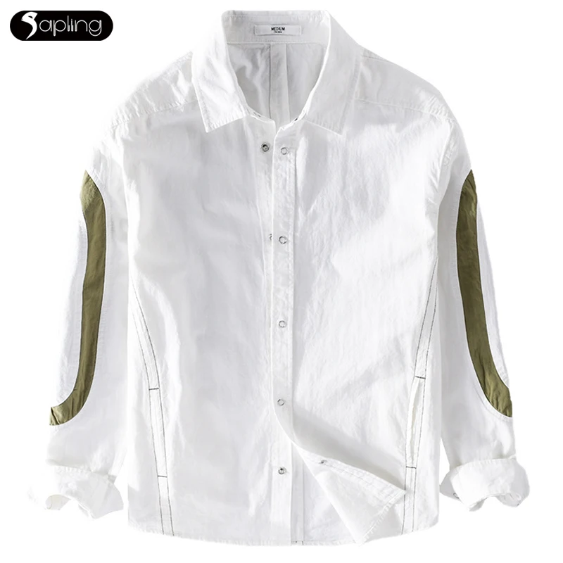 

New Casual Men's Long-sleeved Cotton Shirt Stitching Contrast Color Retro Youthful Male Shirt Men Fashion Loose Summer Shirt Top