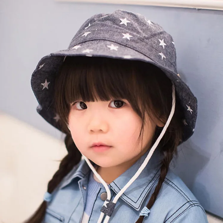 

Fashion Korean Cowboy Hats Star Bucket Hats Kids Sun Hats Unisex Boys Girls Hats Caps with Windproof Rope Bucket Hat