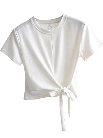 Женская летняя футболка с коротким рукавом, Однотонная футболка с круглым вырезом, женские футболки Короткие топы с завязками, сексуальные женские простые модные футболки, M-XXL, 2020