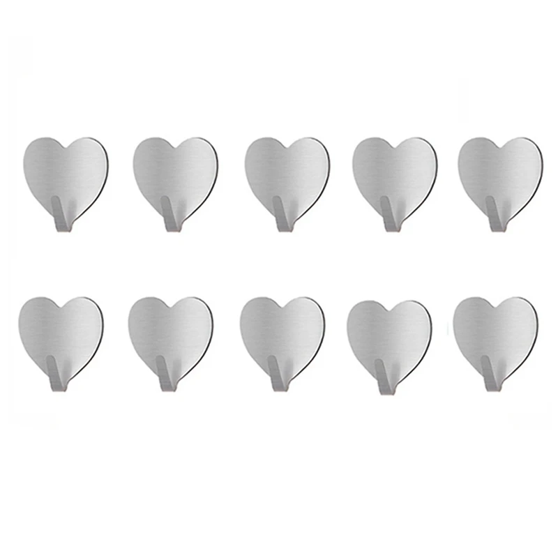 

10Pcs Kitchen Wall Storage Hooks, Heart-Shaped Stainless Steel Hooks, Nail-Free Bathroom Hooks (Random Color)