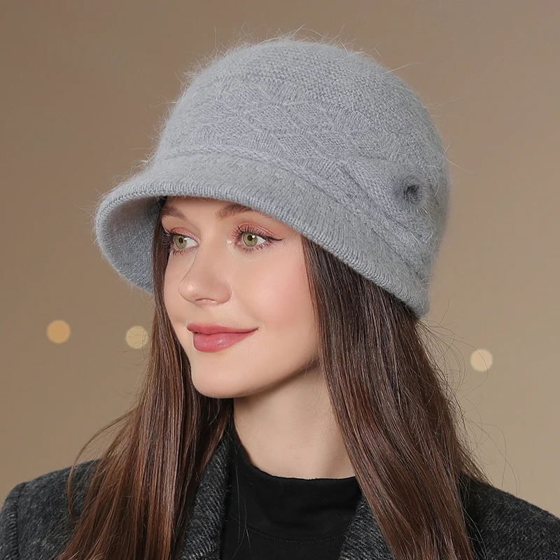 

New Winter Thick Warm Add Fur Lined Knitted Hat For Women Elegant Flower Middle-Aged Mother Rabbit Fur Bucket Hat Headwear Gift
