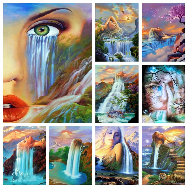 Diamond Painting Waterfall And Woman Landscape Full Square Diamond Mosaic Cross Stitch Embroidery Rhinestones Handmade Gift