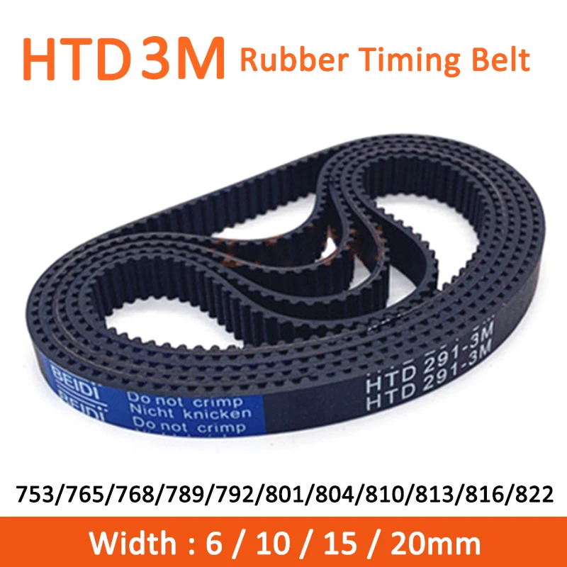 

1pc HTD3M Timing Belt 753/765/768/789/792/801/804/810/813/816/822mm Width 6/10/15/20mm Rubber Closed Synchronous Belt Pitch 3mm