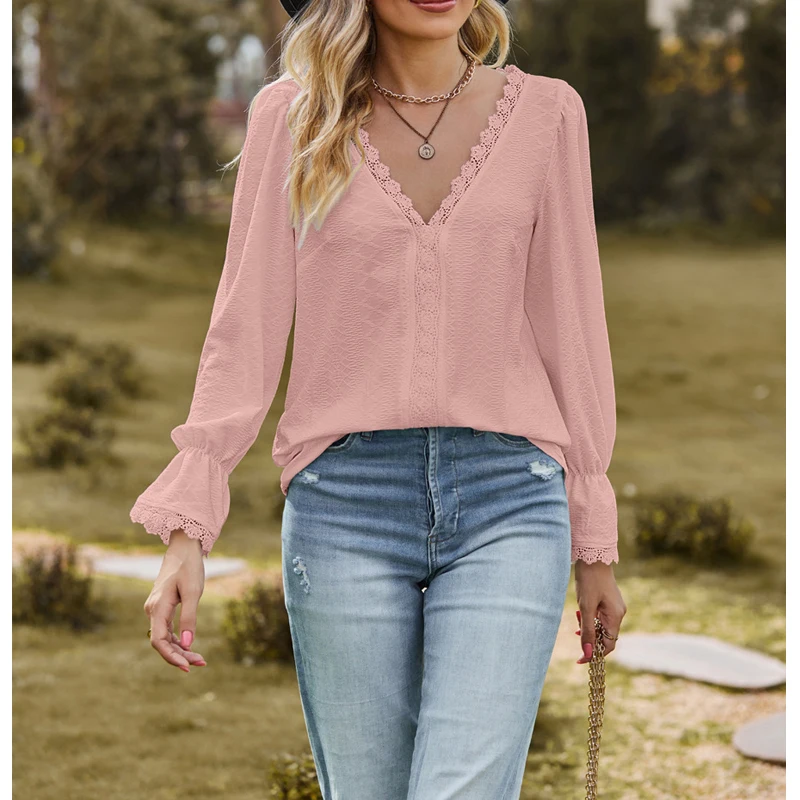 Женская футболка с кружевом V-образным вырезом и длинным рукавом