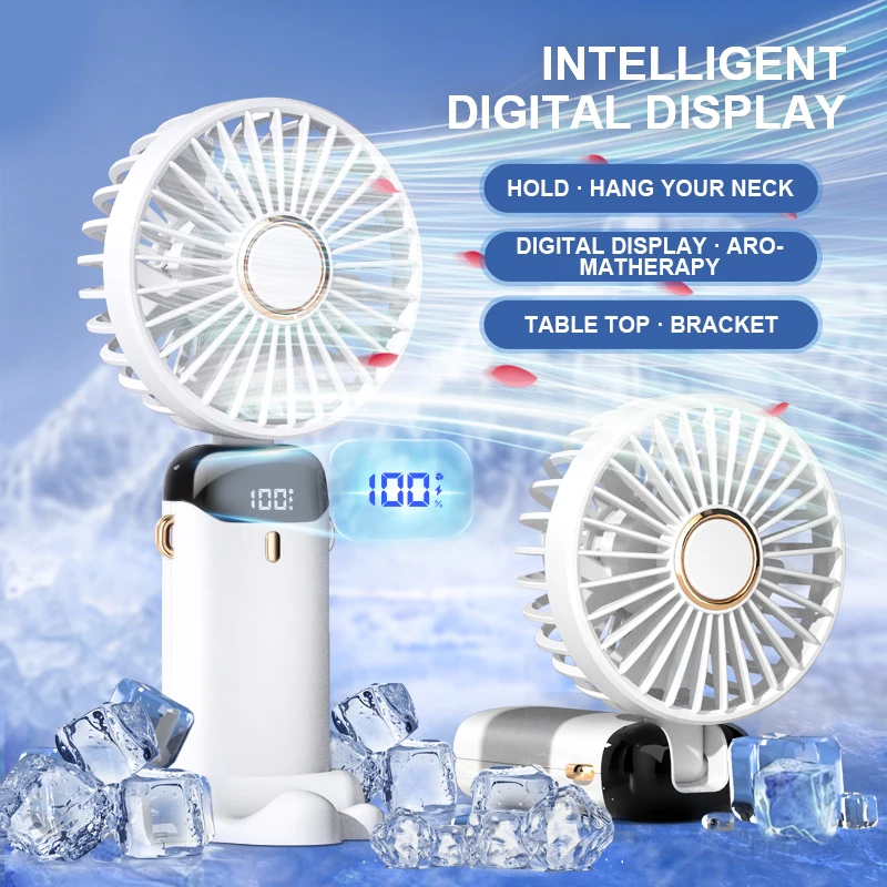 

Portable Neck Fan Mini Handheld Fan 5000mAh 5 Speed USB Digital Display Folding Aromatherapy Air Cooler Mini Summer Sports Fans