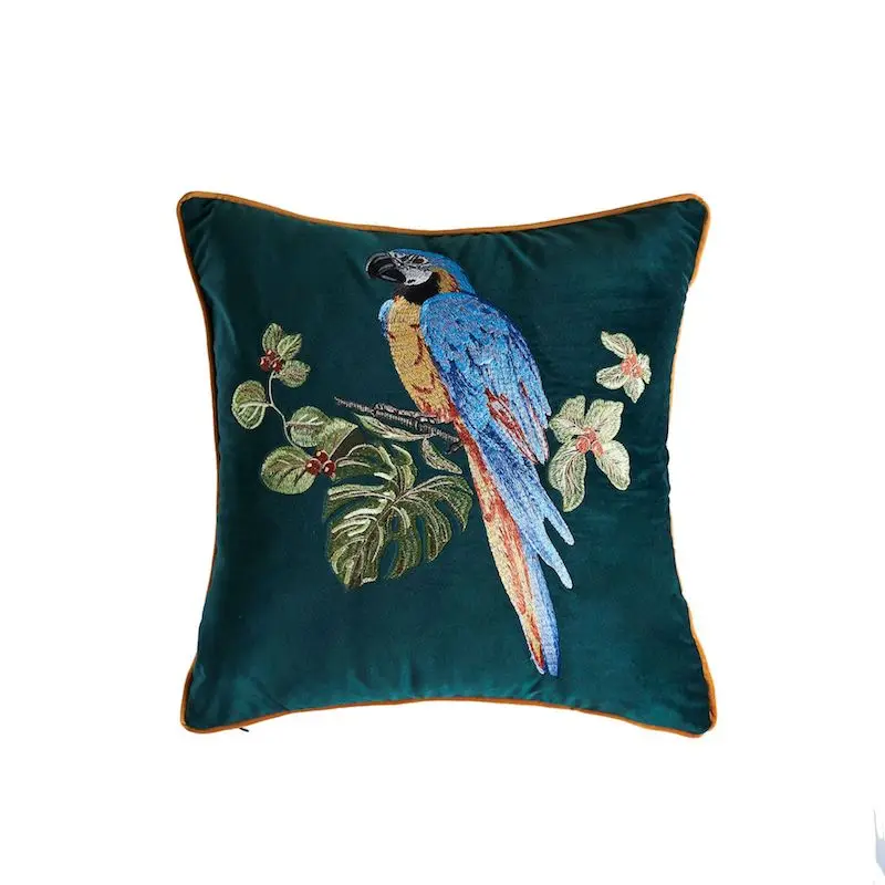 

Бархатный чехол для подушки DUNXDECO с вышивкой попугаев 45x45 см