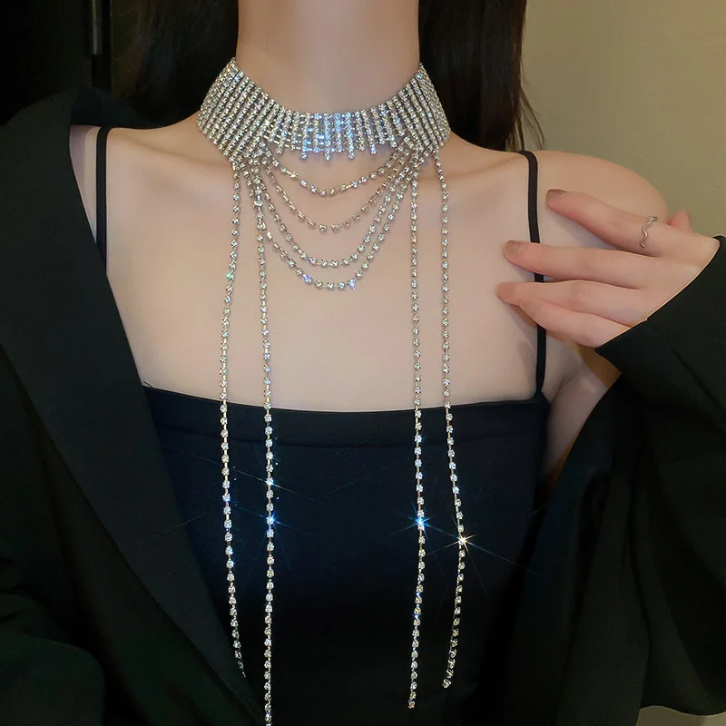 

FYUAN Luxury Crystal Choker Necklaces for Women Long Tassel Rhinestones Necklaces Statement Jewelry Accessories