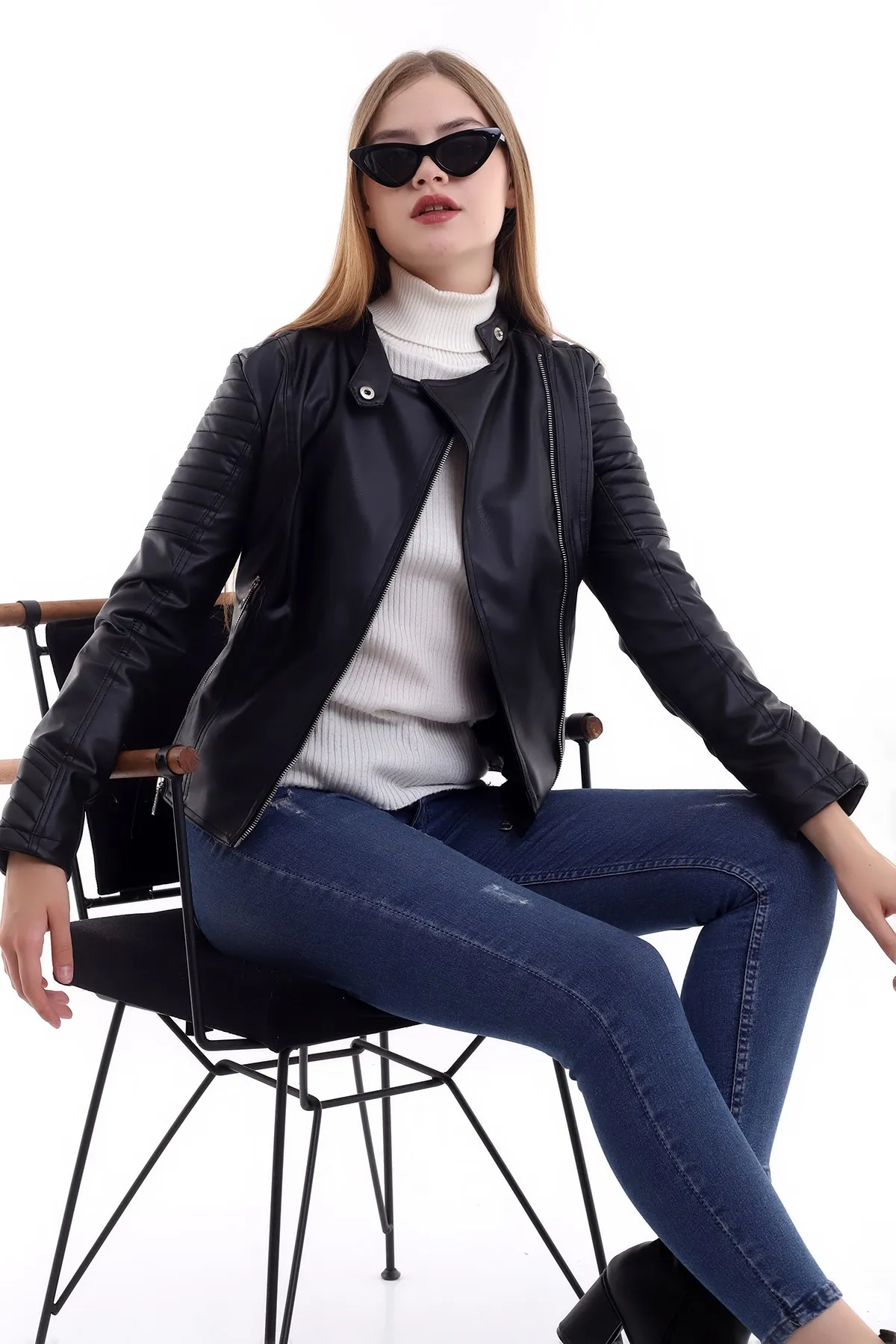 Side Zipper Women 'S Leather Jacket Coat Black CRB7504S enlarge