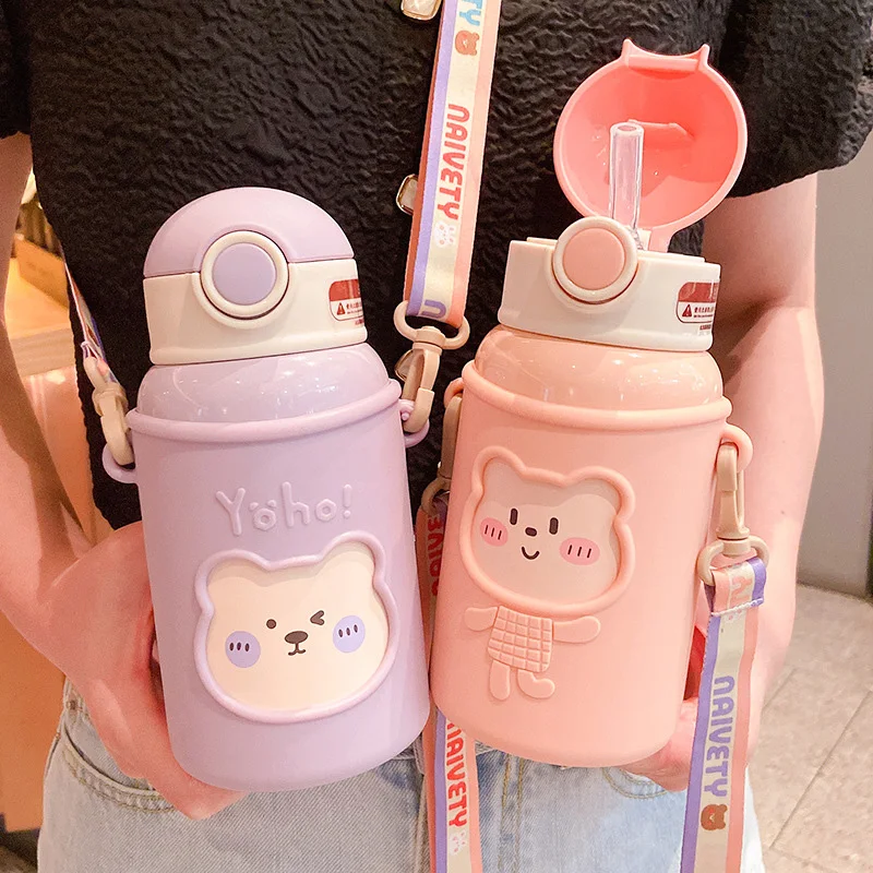 

450ml Kids Stainless Steel Straw Thermos Mug With Case Cartoon Leak-proof Vacuum Flask Children Thermal Water Bottle Thermocup