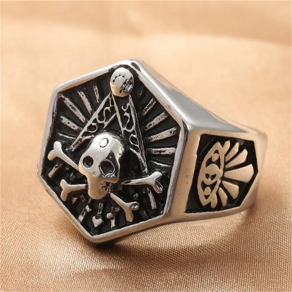 

Men's Vintage Titanium Steel Punk Skeleton Religion Masonic Ring Jewelry Gift Size 8-12