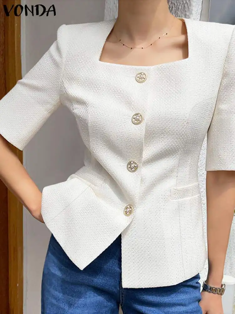 

Korean Blouse 2022 VONDA Fashion Buttons Elegant Tops Women Square Collar Short Sleeve Blusas Oversized Blusas Femininas