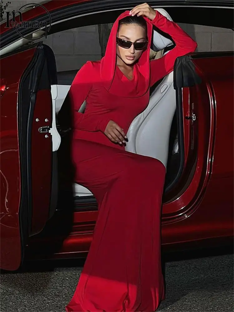 

Inwoman Sexy Blue Hooded Long Dress Party Evening For Women 2023 Fall Red Long Sleeve Bodycon Booty Maxi Dress Fashion New Dress