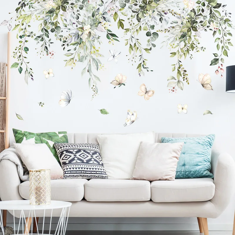 

Tropical Green Leaves Wall Stickers Home Decor Accessories Plants Butterfly Wallpaper Decals Living Room Bedroom Decoration Gift