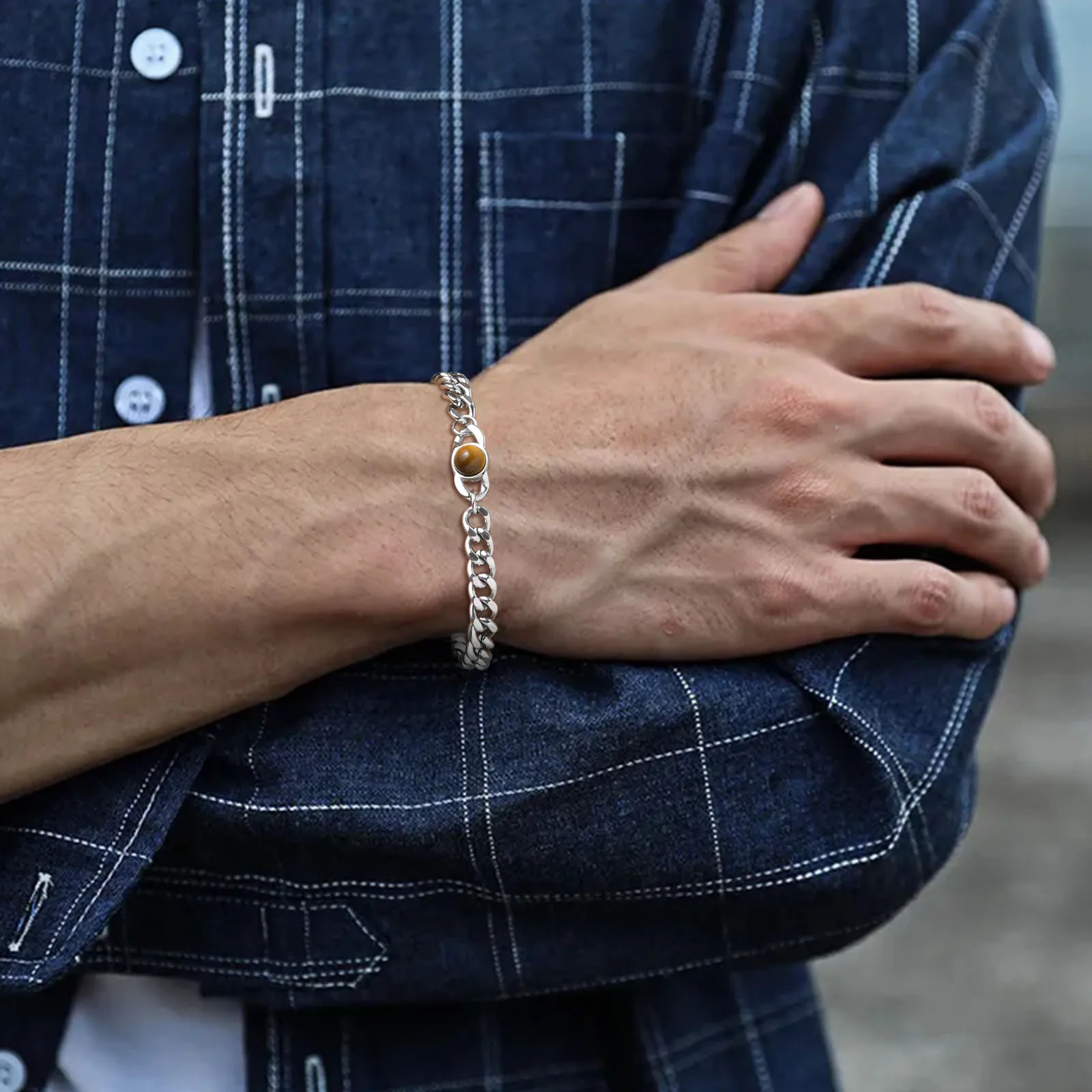 

Stainless Steel Miami Cuban Chain Bracelets for Men, Fashion 6mm Agate Tiger Eye Bead Charm Wristband Gift to Him Jewelry