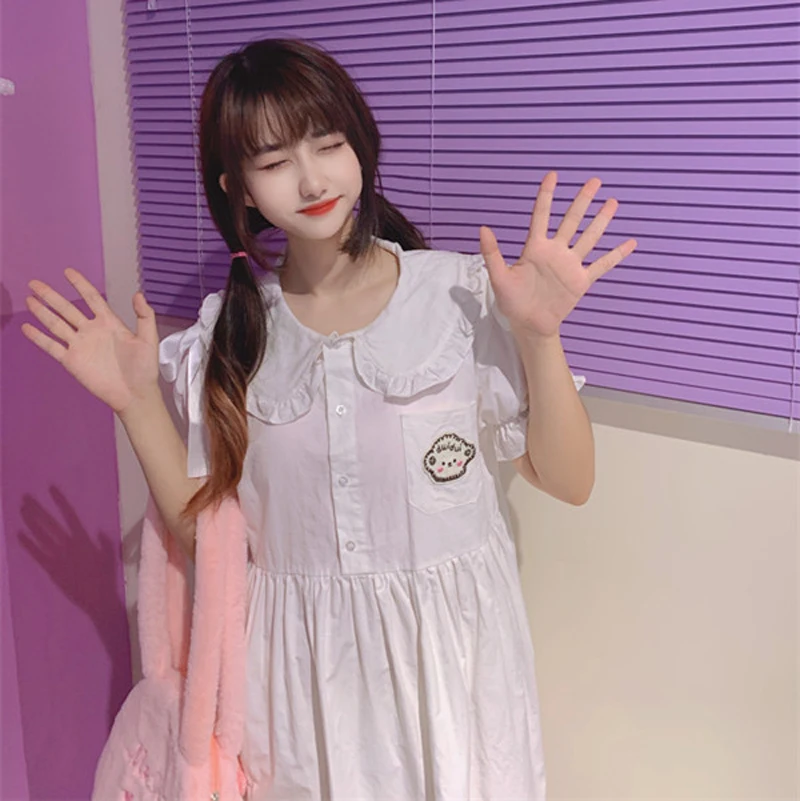 

Japanese Cute Girl Lolita Dress Sweet Student Loose Peter Pan Collar Bandage Puff Sleeve Dress Elegant Retro Korean Lady Dresses