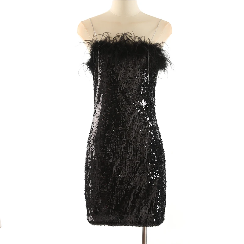 

PHOEBE HZ French Style Pure Desire Sequin SYtrapless Slip Pageant Downy Package Hip Skirt Spicy Girl Sexy Birthday Dress Female