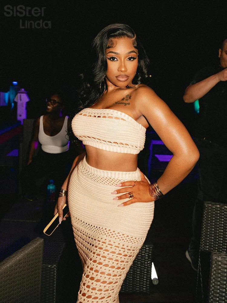 

Sisterlinda Knit Elegant 2 Piece Sets Women Sleeveless Stretch See Through Thin Wrap Chest Tops+Skirts Female Midnight Partywear