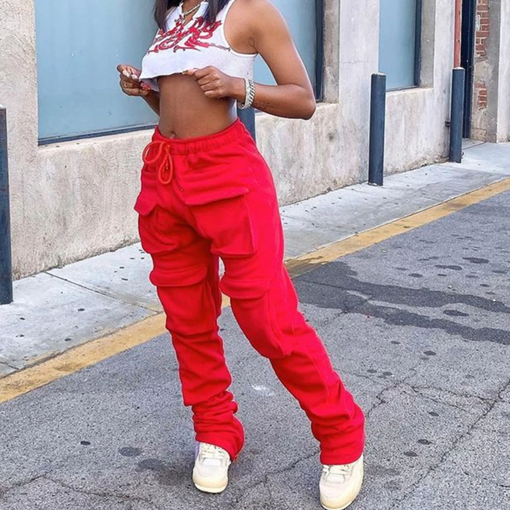 

2022 Spring Red Stacked Sweatpants For Women Plus Size Clothing High Waist Joggers Streetwear Cargo Pants Trousers