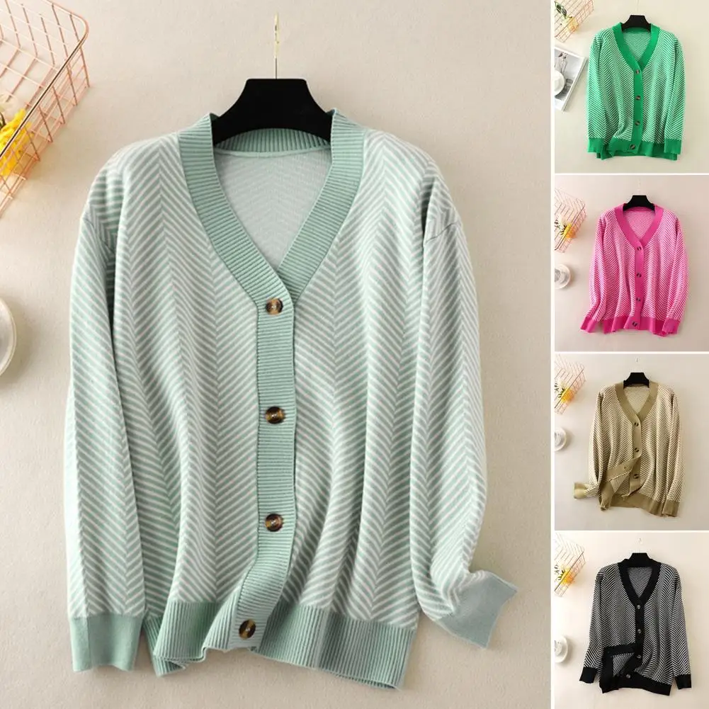 

Sweater Coat Loose Fit Versatile Thick Autumn Winter Striped Patchwork Print Buttons Knitted Coat Winter Sweater Streetwear